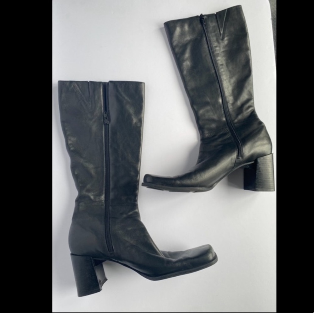 NINE WEST Ardon Black Leather Boots | Square Toe | Block Heel